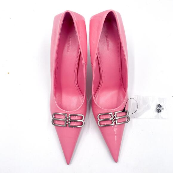 Balenciaga BB Square Knife Pumps Pink Patent Leather Pointed Tie Sz 38 / 8 - Picture 3 of 13